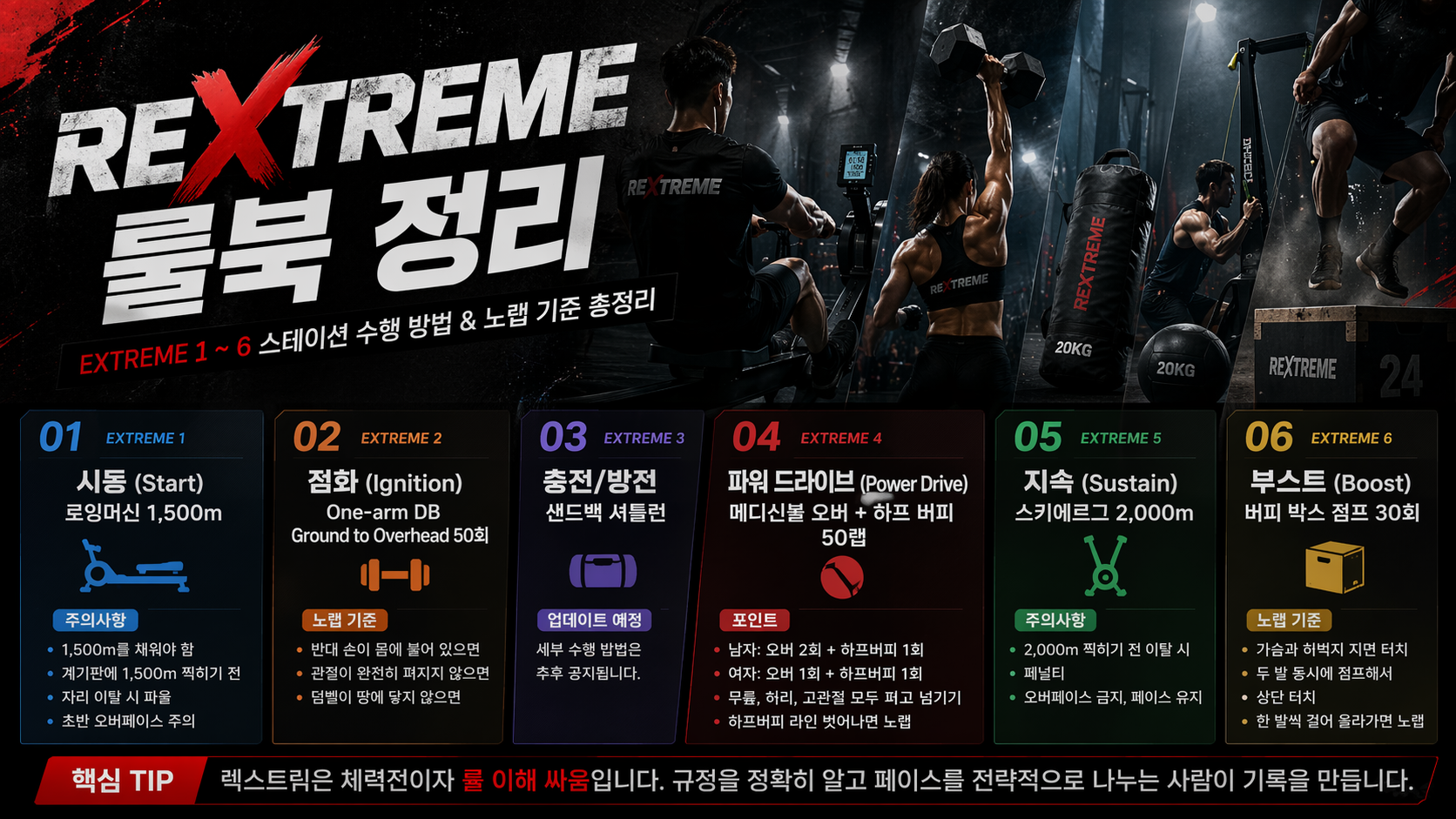 REXTREME 룰북 정리 | 로잉, 덤벨, 샌드백, 메디신볼, 스키에르그, 버피 박스 점프